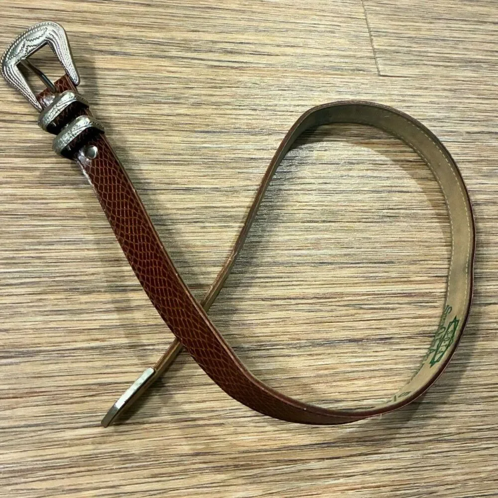 State of the Art Brown Snakeskin Embossed Leather Belt Silver Buckle 5/6 Vintage